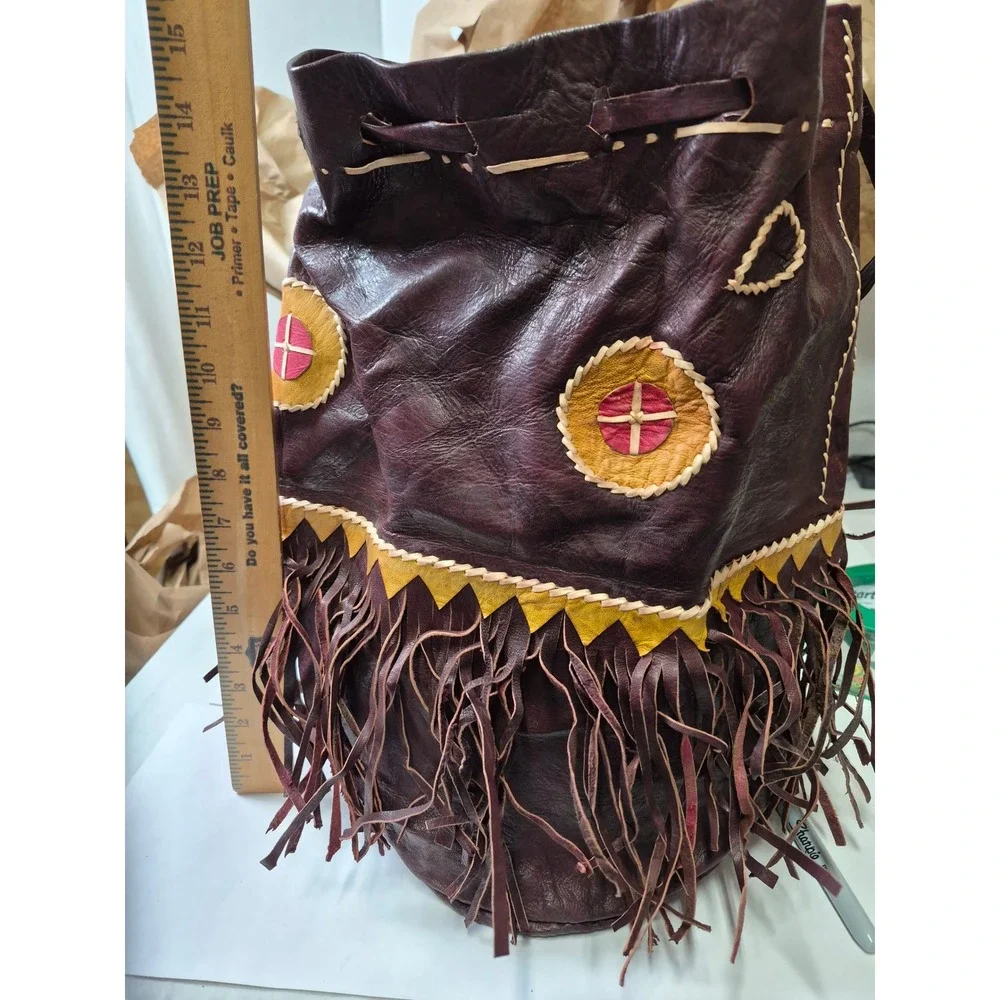 Vintage Handmade Leather Fringe Medicine Bag Drawstring Pouch Burgundy Boho